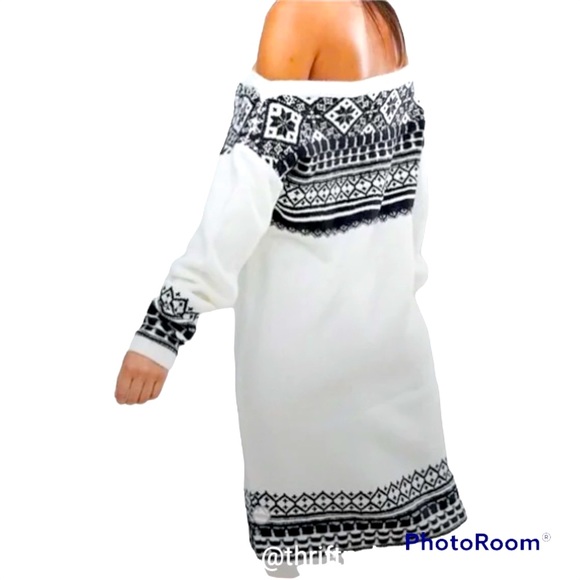 ASOS DESIGN Fair Isle Holiday Knit Sweater Dress Off-Shoulder Shape Cream &Black - Picture 3 of 7
